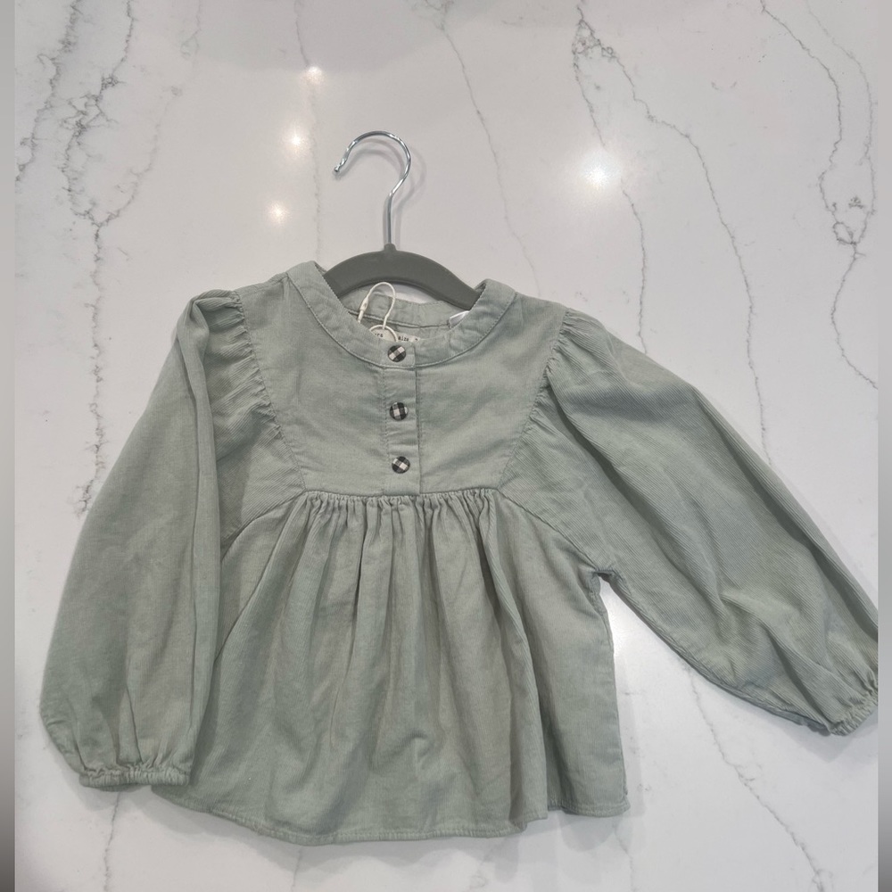 Zara Corduroy Long Puff Sleeve Top Gingham Button Toddler 2-3T